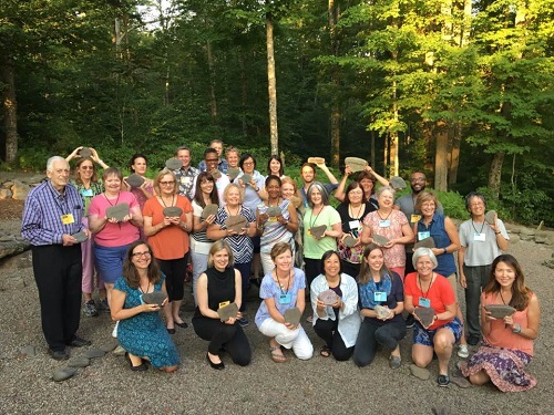 Faculty and attendees to the first “Master Class in Nonfiction for Children and Young Adults” gather in the Word Garden at the Highlights Foundation Retreat Center in Boyds Mill, PA. 