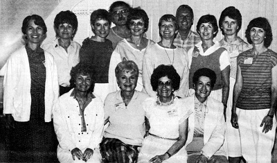 Faculty at the inaugural Highlights Foundation Writers Workshop at Chautauqua in 1985. Seated: Judith Enderle, Bernice Cullinan, Shirley Jorjorian, Pauline Watson; Second row: Caroline Arnold, Stephanie Tessler, Marilyn Kratz, Sally Lucas, Lois Lowry, Kathleen Stevens, Marileta Robinson; Back row: Laurence Pringle, Peter P. Jacobi, Barbara Elleman.