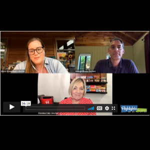 A webinar screen shot with Christine French Cully, George Brown, and Alison Green Myers