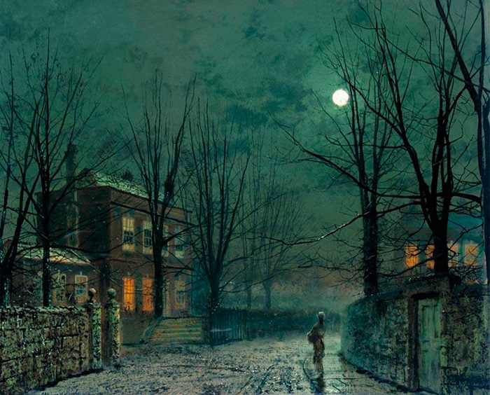 Atmospheric painting by John Atkinson Grimshaw of a dark cobblestoned street lined with the silhouettes of leafless trees. A lone figure stands before a prosperous house with lit windows. A silvery full moon shines from between clouds.