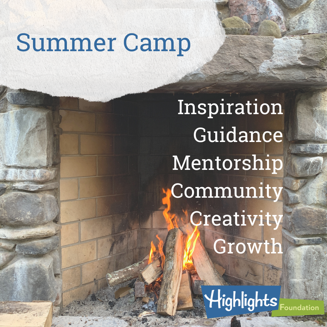 Summer Camp Fireplace photo with the words Inspiration, Guidance, Mentorship, community, Creativity, Growth