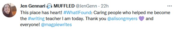 A Tweet from Jenninfer Gennari about What She's Found at the Highlights Foundation