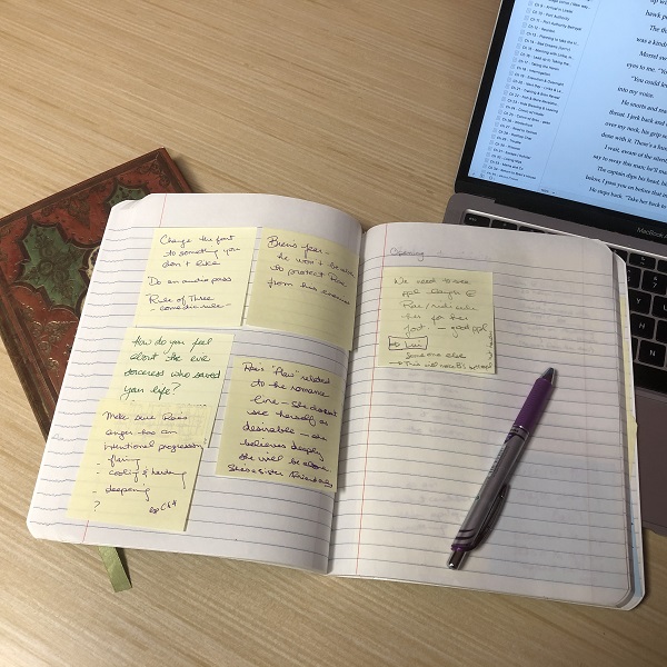 1. Sticky Notes in Action: Here’s the opening spread from my notebook when I was working on edits of A Darkness at the Door. On the left are a set of sticky notes pertaining to long-running issues or themes I need to keep in mind while editing. On the right? An almost clear page of the edits needed to get the story done (though you can just detect more sticky notes waiting further on if you look carefully).