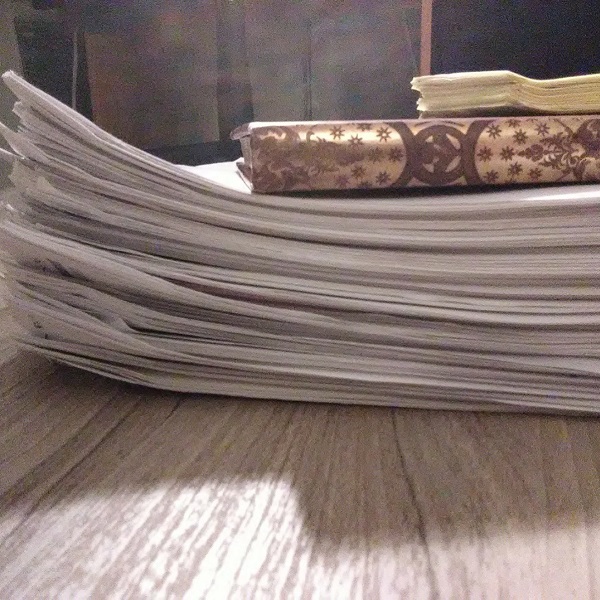 Putting It All Together: Print out from my read aloud of Thorn, planning journal, and completed stickies all gathered together for their moment of fame before they head to the recycle bin (okay, no, I definitely kept the journal, but everything else has now departed).