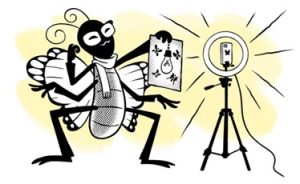 Funny drawing of a butterfly filming with a smartphone and a tripod