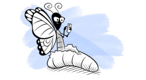 Funny drawing of butterfly sitting in a coccoon
