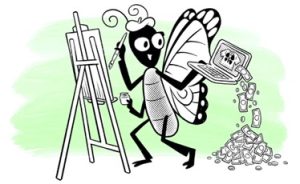 Drawing of a butterfly painting at an easel