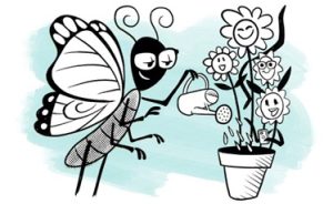 Illustration of butterfly watering plants