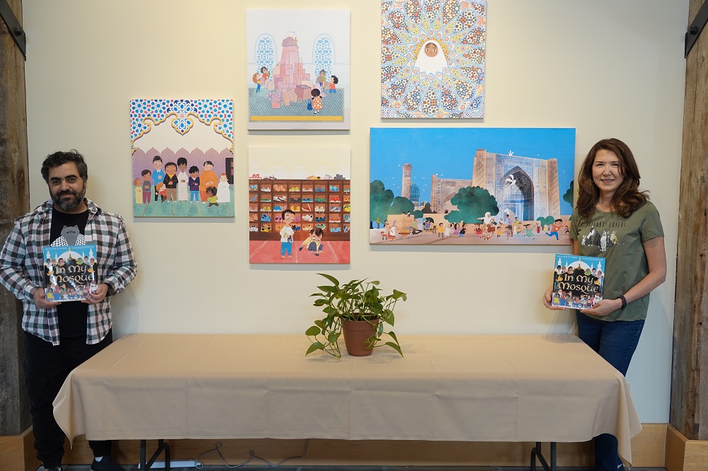 art-wall-yuksel-aly the installation of its yearly Art Wall, now featuring art and story from IN MY MOSQUE, a picture book authored by M.O. Yuksel and illustrated by Hatem Aly.