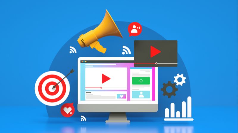 Icons Representing marketing: computer, target, bullhorn, charts, gears and more