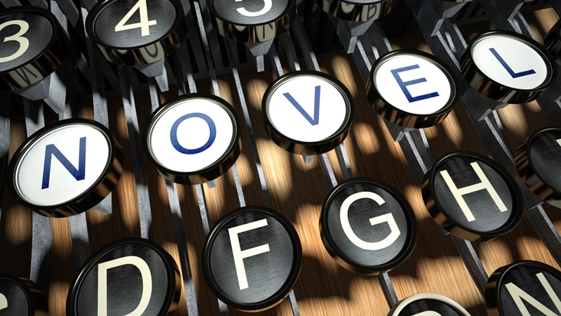 Photo of typewriter keys spelling out NOVEL