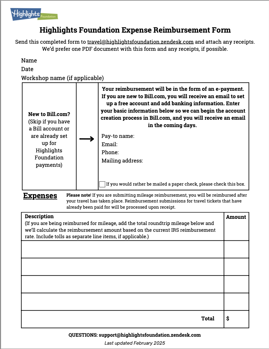  A Thumbnail image of the Highlights Foundation Expense Reimbursement Form