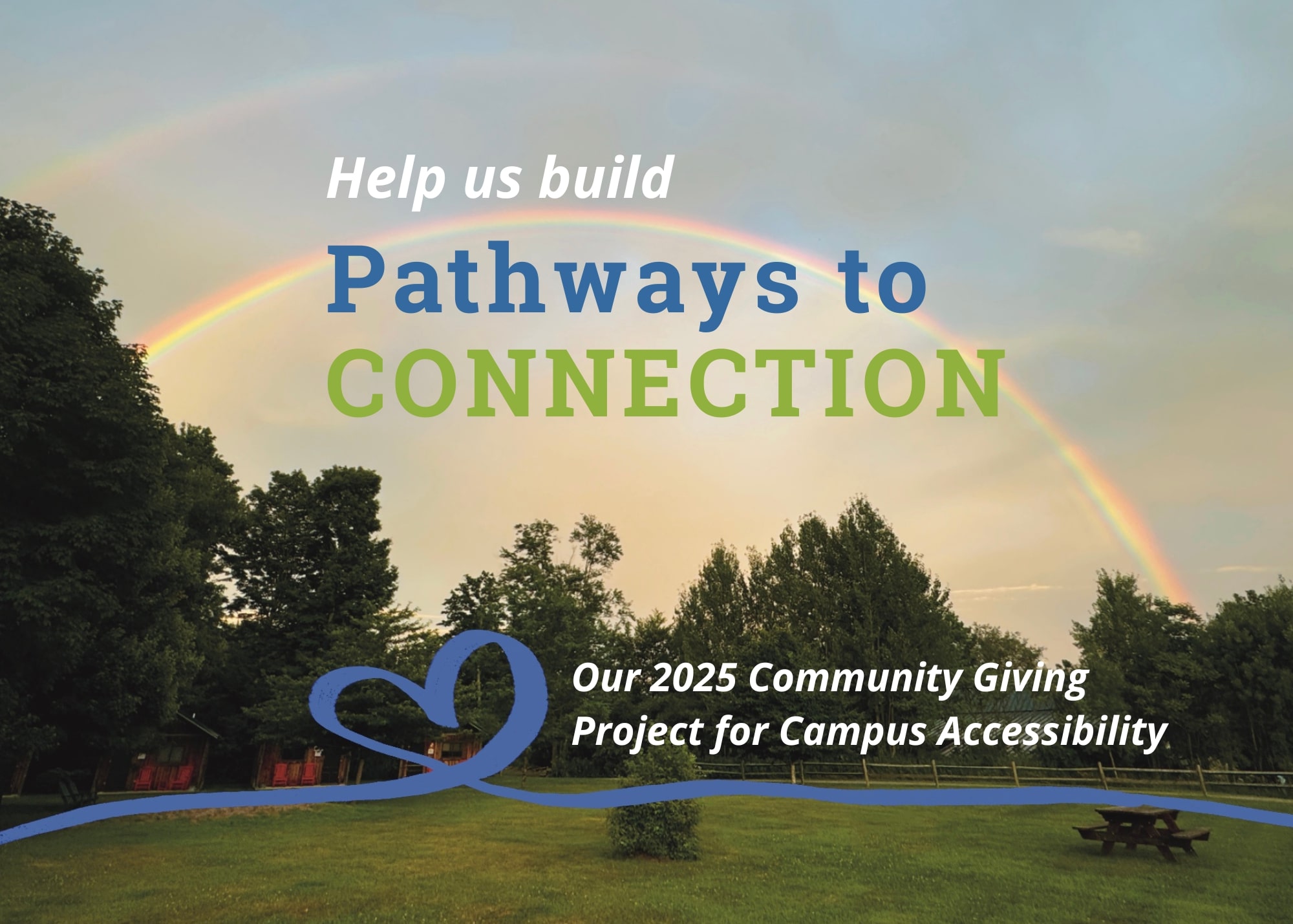 2025 Community Giving Project Horseshoe Cabins on the Highlights Foundation course with text saying Pathways to Connection: Our 2025 Community Giving Project for Campus Accessbility