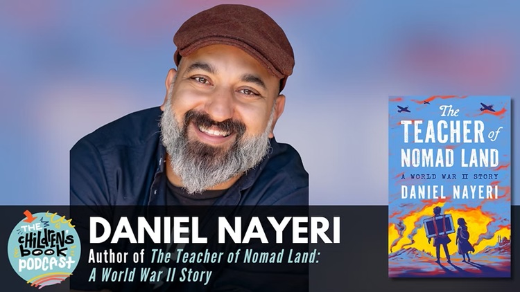 Photo of Daniel Nayeri with his book cover The Teacher of Nomad Land