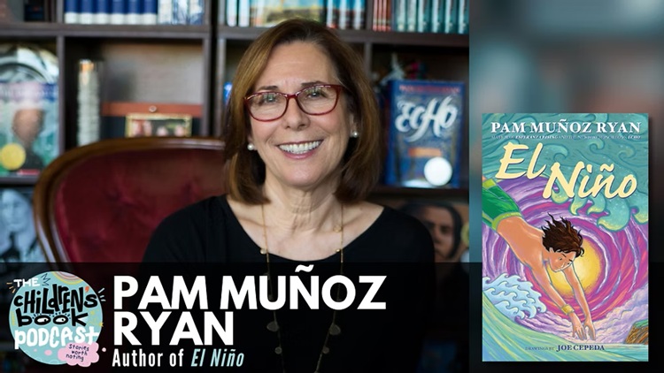 Photo of Pam Muñoz Ryan with her book cover El Nino